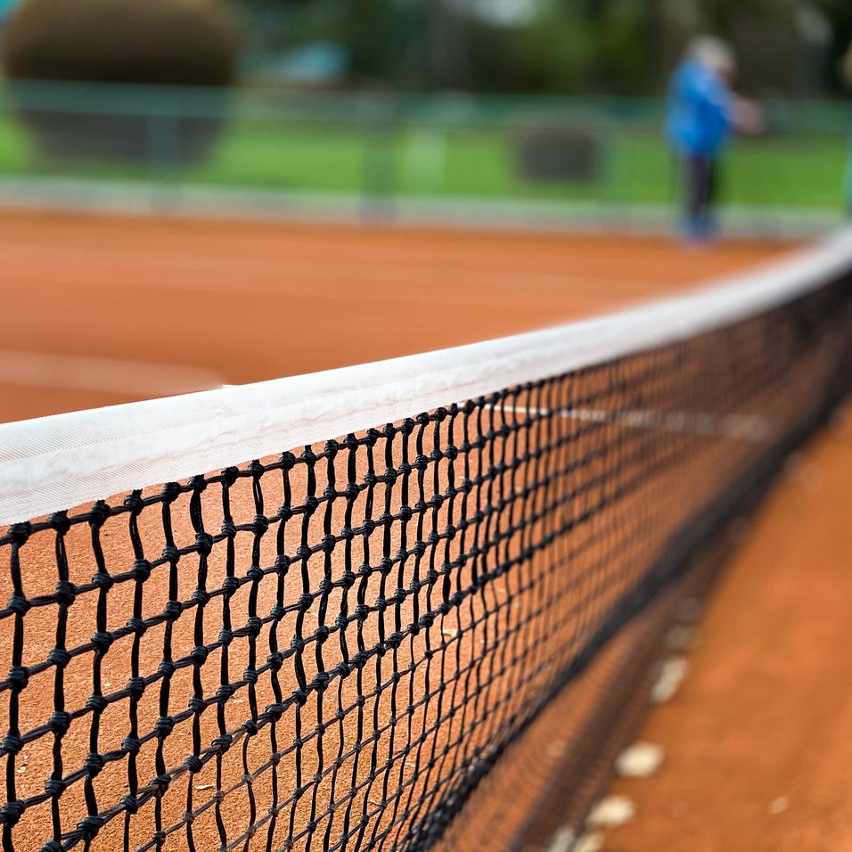 Nahaufnahme eines Tennisnetzes auf einem roten Sandplatz, Hintergrund unscharf mit grünen Bäumen.